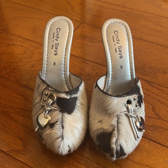Italian sandals wood heels pomps 6 Cindy Says goat hair, unique decoration metal - Picture 2 of 12